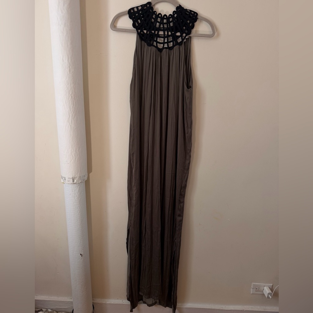 Sleeveless Maxi Dress with Decorative Yoke in Olive